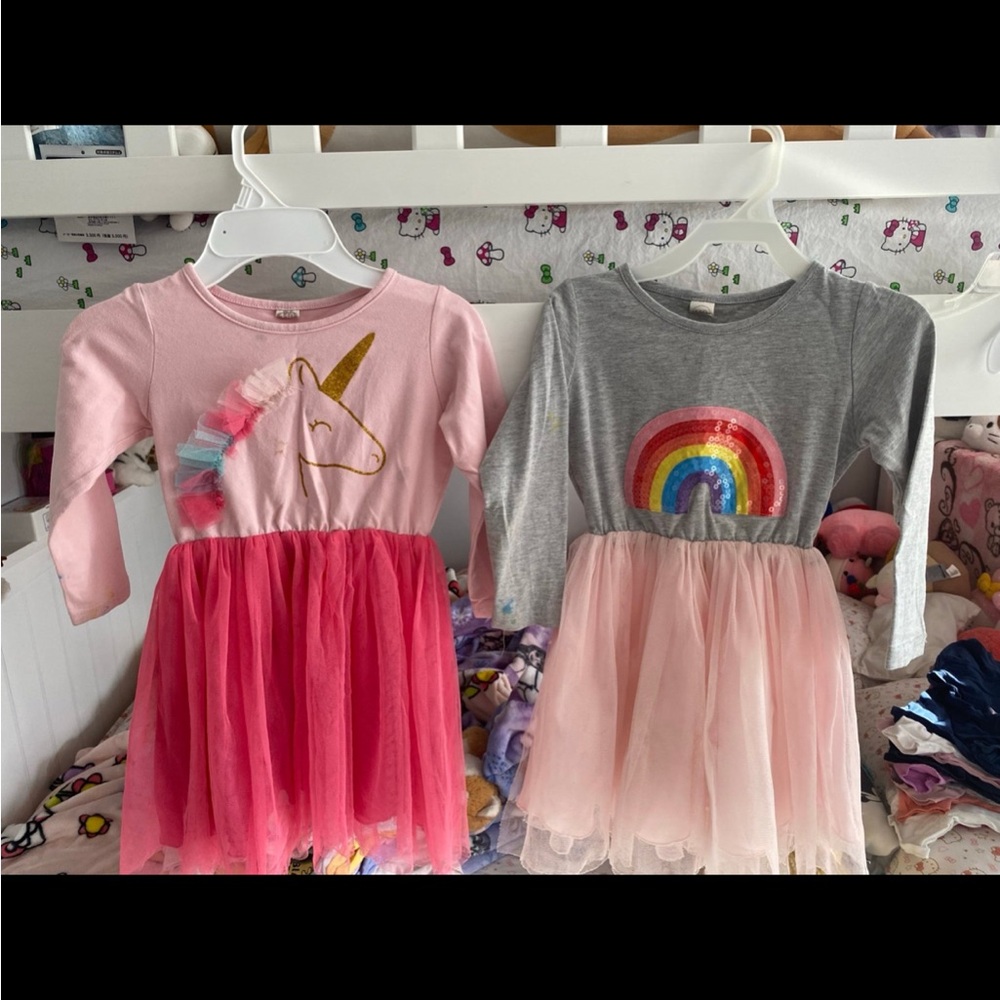 Pink and Gray Unicorn and Rainbow Kids Dresses